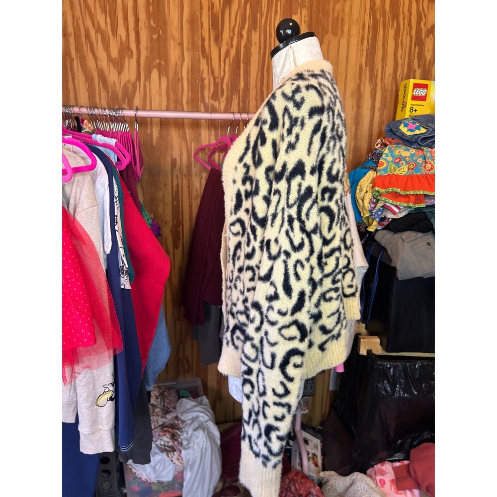 For Love & Lemons Leopard Print Fuzzy Cardigan Sweater Yellow Black Defect XL - Picture 6 of 11